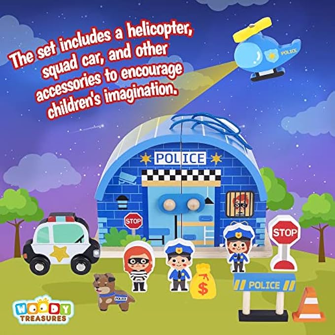 woody treasures WOODEN TOYS - 10-PIECE POLICE STATION PLAYSET FOR KIDS 3 YEARS & UP - CHILDREN'S INTERACTIVE ROLE PLAY / PRETEND PLAY - TODDLER TOYS FOR BOYS & GIRLS - WITH CARRY CASE - Image 3
